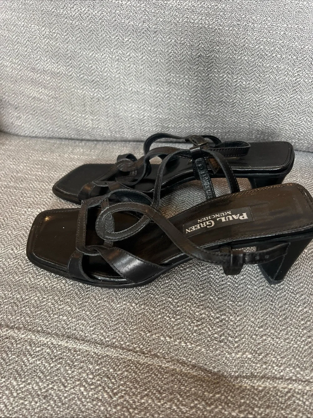 Paul Green Black Leather Strappy Square-Toe Heels European 5.5